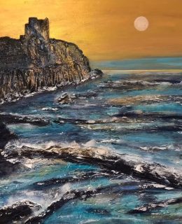 2.5 D? Sculpting on a flat surface with heavy texture - not quite 3D but definitely more than 2D as evidenced by this cliff face leading to the tiny 14th Century Chapel perched above the rocky shore. 
🌄🌄🌄
Evening light in golds and coppers casts about the stormy, incoming tide and on the steep rock face. 
🌄🌄🌄
Golden Storm (1 and 2) 60x60 cm (Both pieces spoken for in June but still ‘storming’ the memory!) 

#coastalwalk#paintingholiday#paintmemories#lifemoments#lifememories#irresistible#wavesgallery#wavepaintings#mixedmediaartworks #bucksartweeksofficial#wildatlanticwaykerry#wildatlanticwayconnemara#irishartist##westcountry#devon